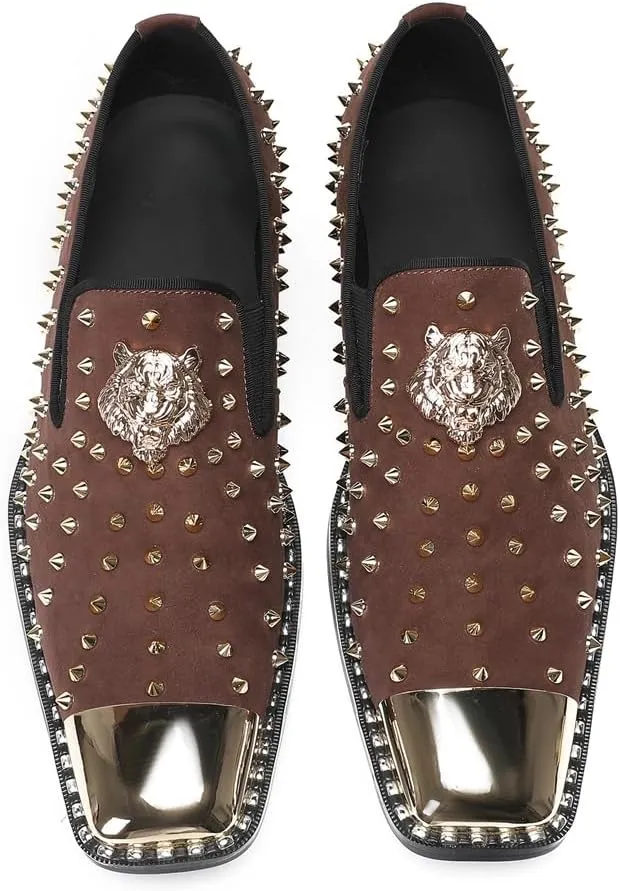 Men's Studded Loafers Penny Loafers Suede Slip-On Dress Shoes with Gold Metal Toe Tiger Emblem Wedding Disco Ballroom Mocasines