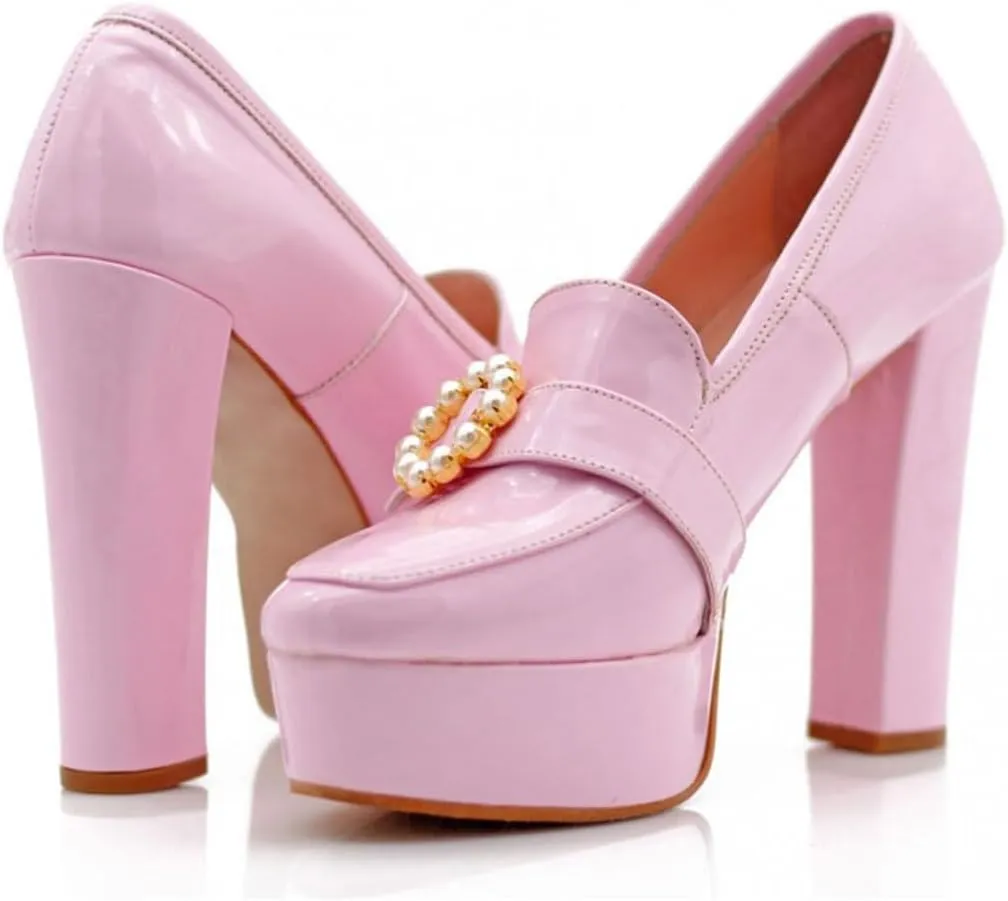 miss left Women's Chunky Platform Closed Toe Pumps Pearls Buckled High Thick Heel Loafers Shoes for Formal Office Business Size 4-16 US