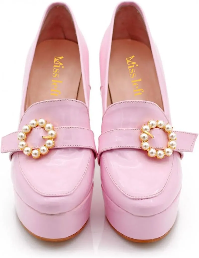miss left Women's Chunky Platform Closed Toe Pumps Pearls Buckled High Thick Heel Loafers Shoes for Formal Office Business Size 4-16 US