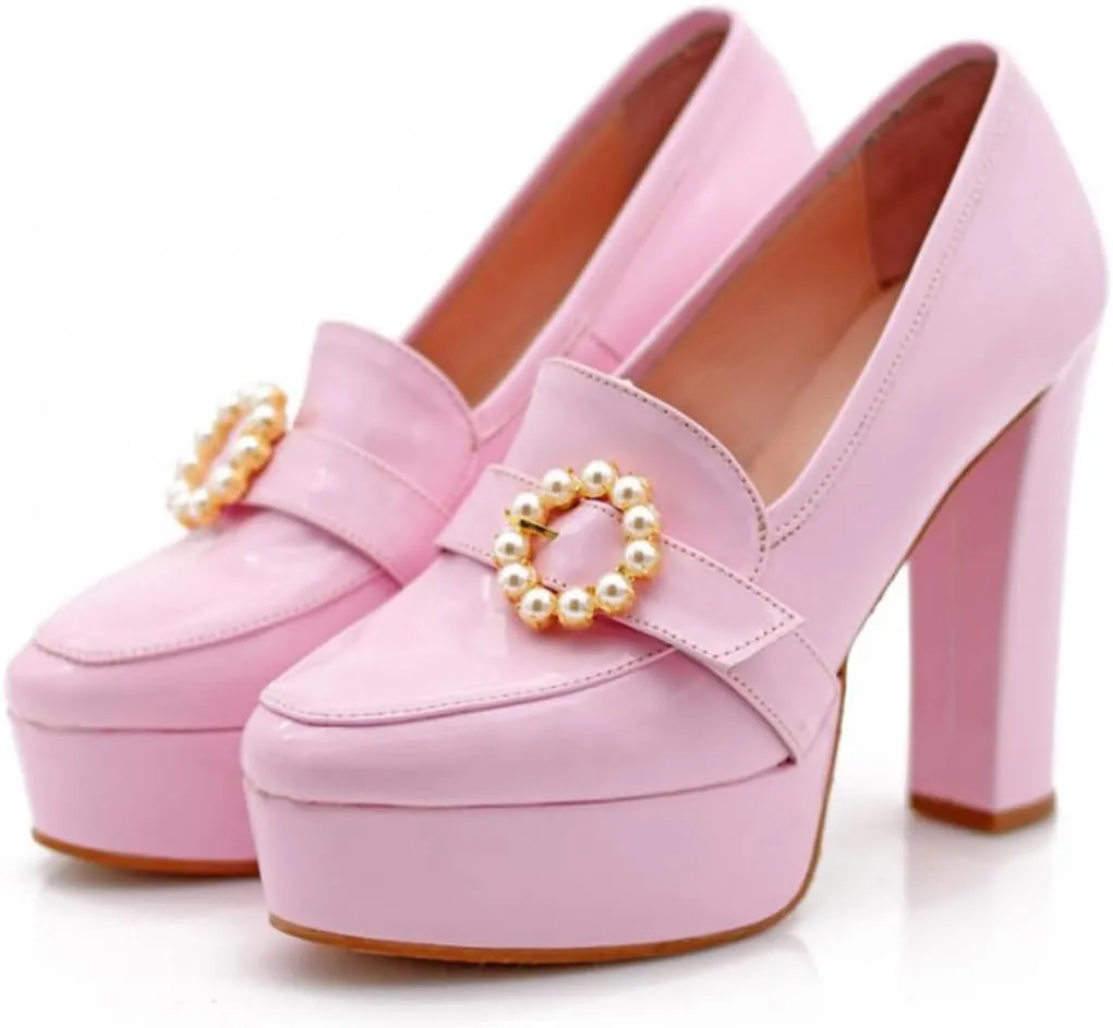 miss left Women's Chunky Platform Closed Toe Pumps Pearls Buckled High Thick Heel Loafers Shoes for Formal Office Business Size 4-16 US