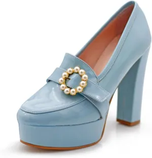 miss left Women's Chunky Platform Closed Toe Pumps Pearls Buckled High Thick Heel Loafers Shoes for Formal Office Business Size 4-16 US