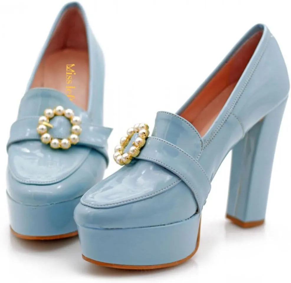miss left Women's Chunky Platform Closed Toe Pumps Pearls Buckled High Thick Heel Loafers Shoes for Formal Office Business Size 4-16 US