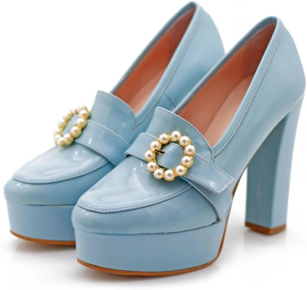 miss left Women's Chunky Platform Closed Toe Pumps Pearls Buckled High Thick Heel Loafers Shoes for Formal Office Business Size 4-16 US