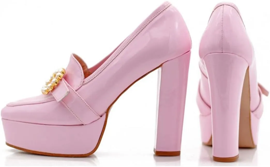 miss left Women's Chunky Platform Closed Toe Pumps Pearls Buckled High Thick Heel Loafers Shoes for Formal Office Business Size 4-16 US