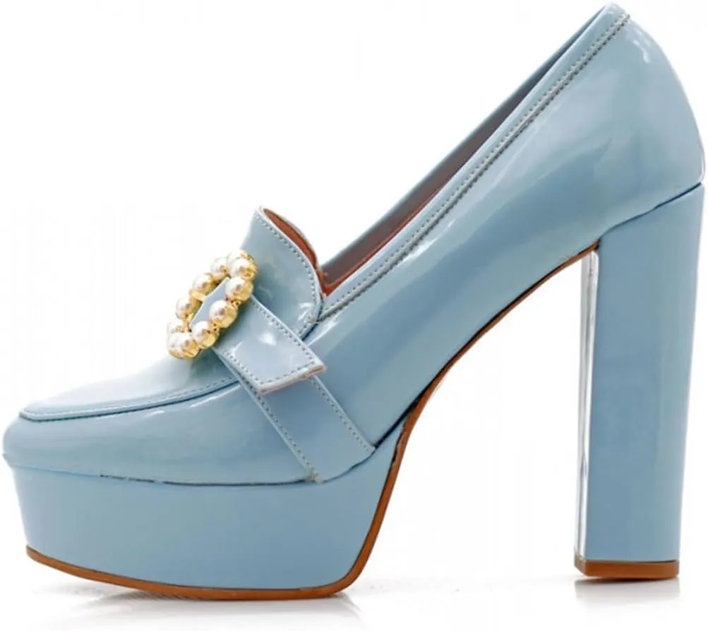 miss left Women's Chunky Platform Closed Toe Pumps Pearls Buckled High Thick Heel Loafers Shoes for Formal Office Business Size 4-16 US