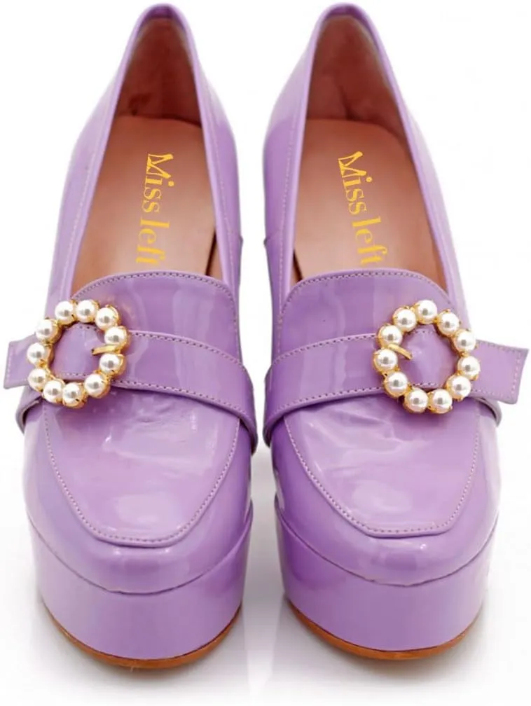 miss left Women's Chunky Platform Closed Toe Pumps Pearls Buckled High Thick Heel Loafers Shoes for Formal Office Business Size 4-16 US
