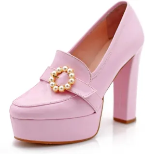 miss left Women's Chunky Platform Closed Toe Pumps Pearls Buckled High Thick Heel Loafers Shoes for Formal Office Business Size 4-16 US
