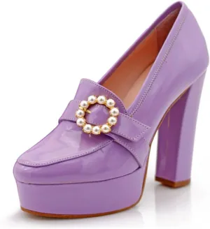 miss left Women's Chunky Platform Closed Toe Pumps Pearls Buckled High Thick Heel Loafers Shoes for Formal Office Business Size 4-16 US