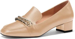MODENCOCO Women's Slip On Square Toe Fashion Matte Office Metal Chain Decor Solid Chunky Low Heel Loafers Working Shoes 1.5 Inch