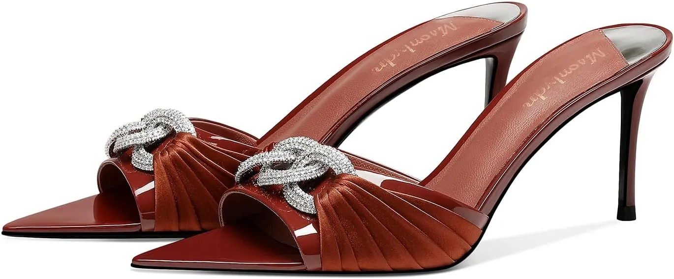 MSONLYDN Women's Heeled Mules Sandals Pointed Peep Toe Slip on Stiletto Heels for Wedding Party