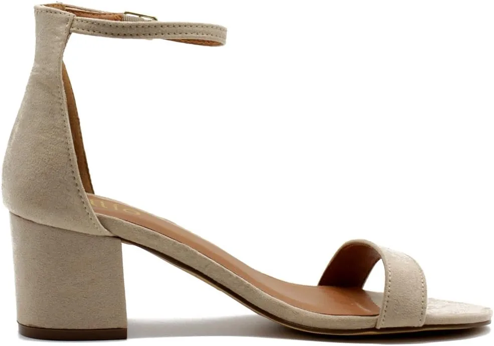Ollio Womens Shoe Faux Suede Chunky Mid Heel Ankle Strap Heeled Sandals