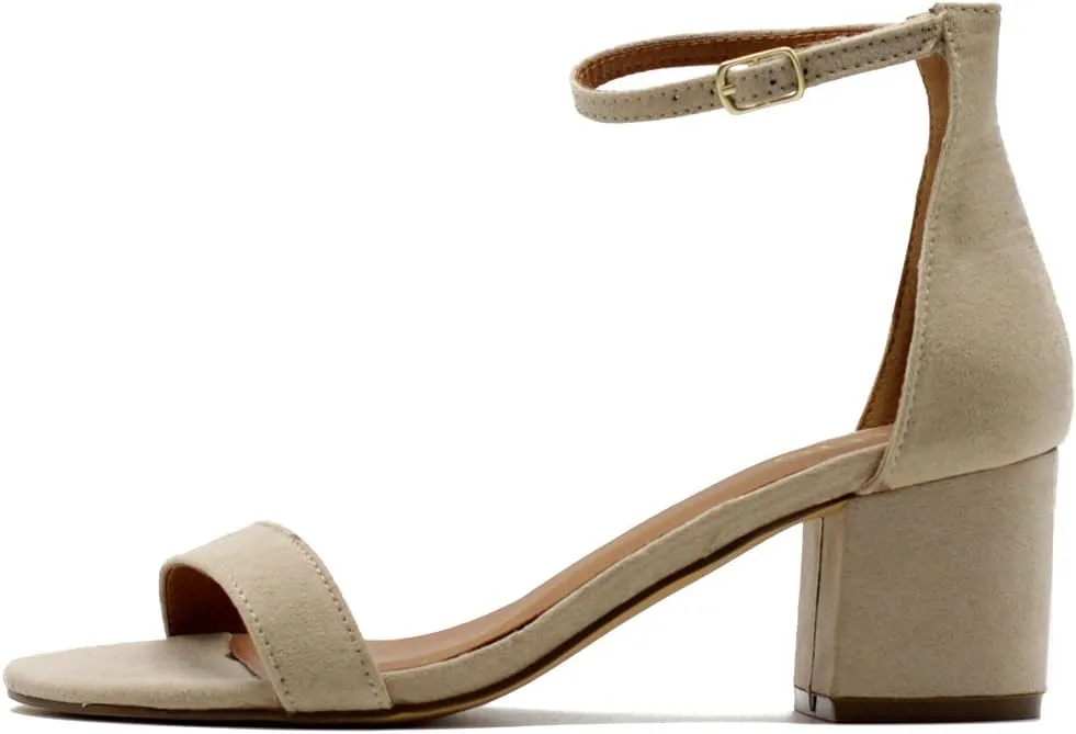 Ollio Womens Shoe Faux Suede Chunky Mid Heel Ankle Strap Heeled Sandals