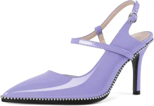 SAMMITOP Women Slingback Heels Ankle Strap Beaded D'Orsay Stiletto High Heel Close Pointed Toe Wedding Dress Pumps Shoes 3.5 Inch