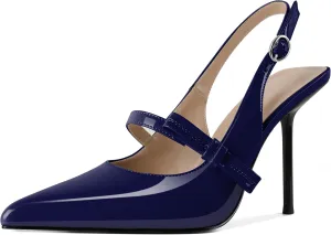 SAMMITOP Women's Pointed Toe High Stiletto Heels Slingback Bow Strappy Pumps Backless Patent Leather Sexy Dress Shoes for Women 4 Inch