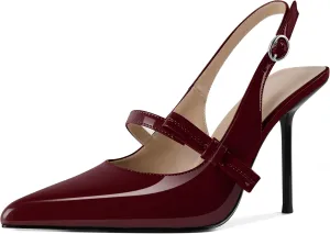 SAMMITOP Women's Pointed Toe High Stiletto Heels Slingback Bow Strappy Pumps Backless Patent Leather Sexy Dress Shoes for Women 4 Inch