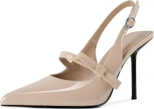 SAMMITOP Women's Pointed Toe High Stiletto Heels Slingback Bow Strappy Pumps Backless Patent Leather Sexy Dress Shoes for Women 4 Inch