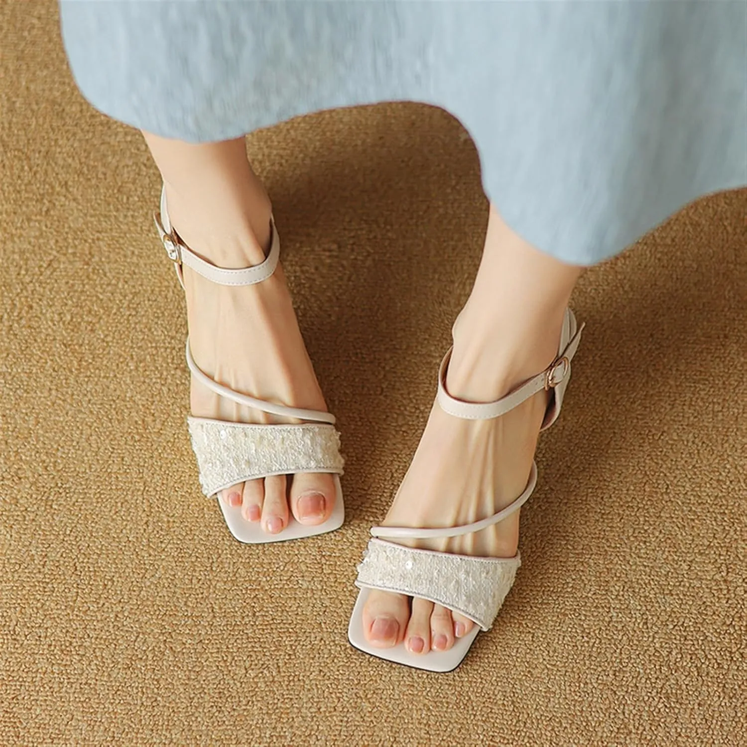 Sequins Strappy Heels For Women Chunky Block Heeled Sandals Square Open Toe Party Dress Pumps Shoes