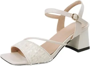 Sequins Strappy Heels For Women Chunky Block Heeled Sandals Square Open Toe Party Dress Pumps Shoes