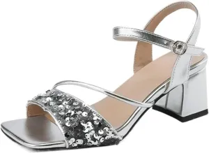 Sequins Strappy Heels For Women Chunky Block Heeled Sandals Square Open Toe Party Dress Pumps Shoes