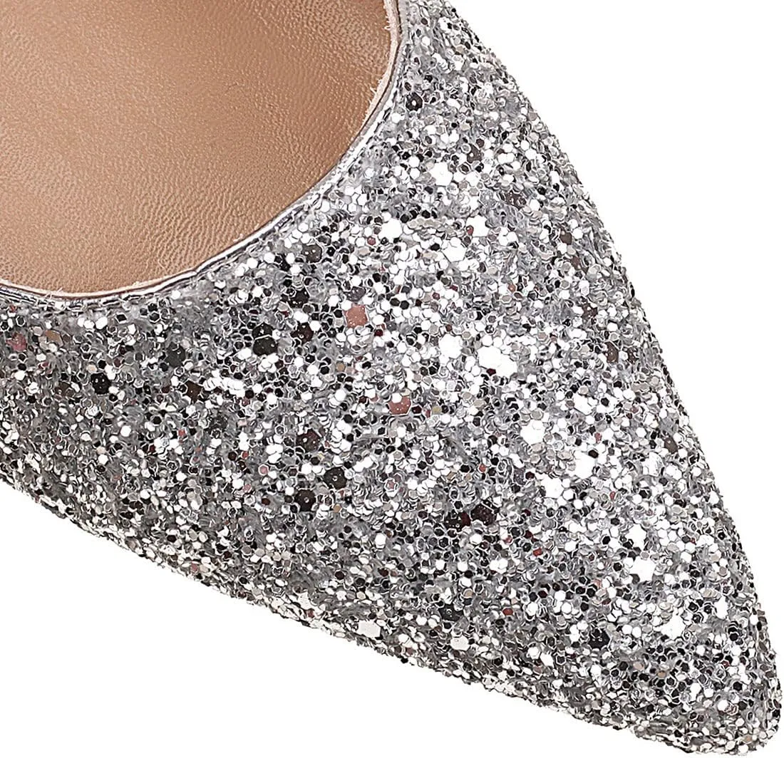 SHEMEE Women's Sequin Kitten Heel Wedding Pumps Pointed Toe Sparkly Party Wear Glitter Bridal Shoes