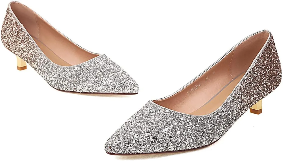 SHEMEE Women's Sequin Kitten Heel Wedding Pumps Pointed Toe Sparkly Party Wear Glitter Bridal Shoes