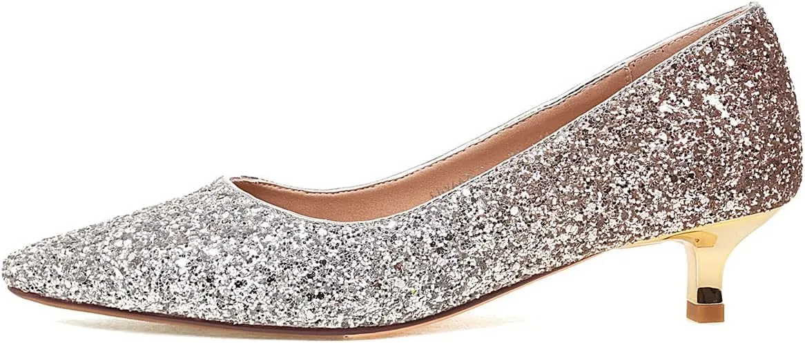 SHEMEE Women's Sequin Kitten Heel Wedding Pumps Pointed Toe Sparkly Party Wear Glitter Bridal Shoes