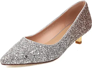 SHEMEE Women's Sequin Kitten Heel Wedding Pumps Pointed Toe Sparkly Party Wear Glitter Bridal Shoes