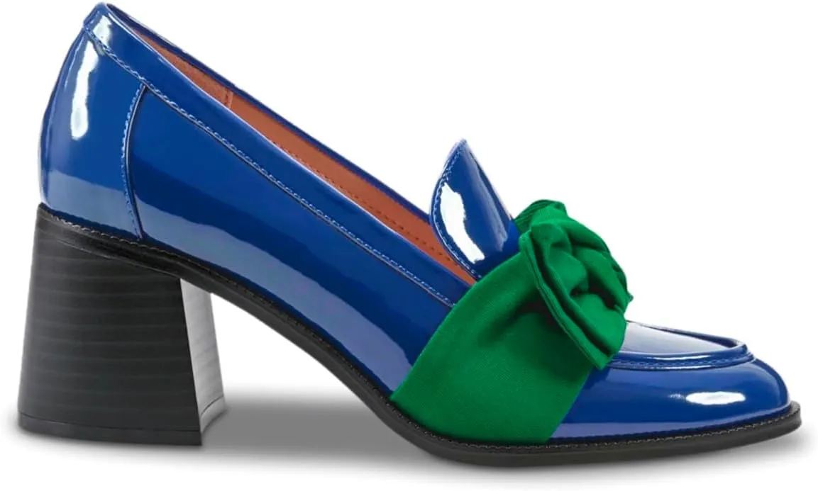 SHODENSE Women Chunky Stacked Heel Bow Pumps Shoes Round Closed Toe Slip On Oxford Loafer Shoes Patent Leather Mid Block Heels Dress Loafer Two-Toned Office Work Penny Loafers Wedding Party 4-11 M US