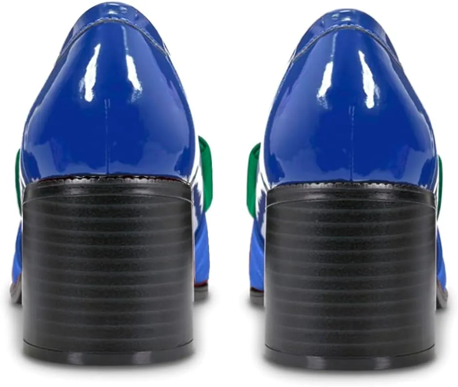 SHODENSE Women Chunky Stacked Heel Bow Pumps Shoes Round Closed Toe Slip On Oxford Loafer Shoes Patent Leather Mid Block Heels Dress Loafer Two-Toned Office Work Penny Loafers Wedding Party 4-11 M US
