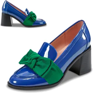 SHODENSE Women Chunky Stacked Heel Bow Pumps Shoes Round Closed Toe Slip On Oxford Loafer Shoes Patent Leather Mid Block Heels Dress Loafer Two-Toned Office Work Penny Loafers Wedding Party 4-11 M US