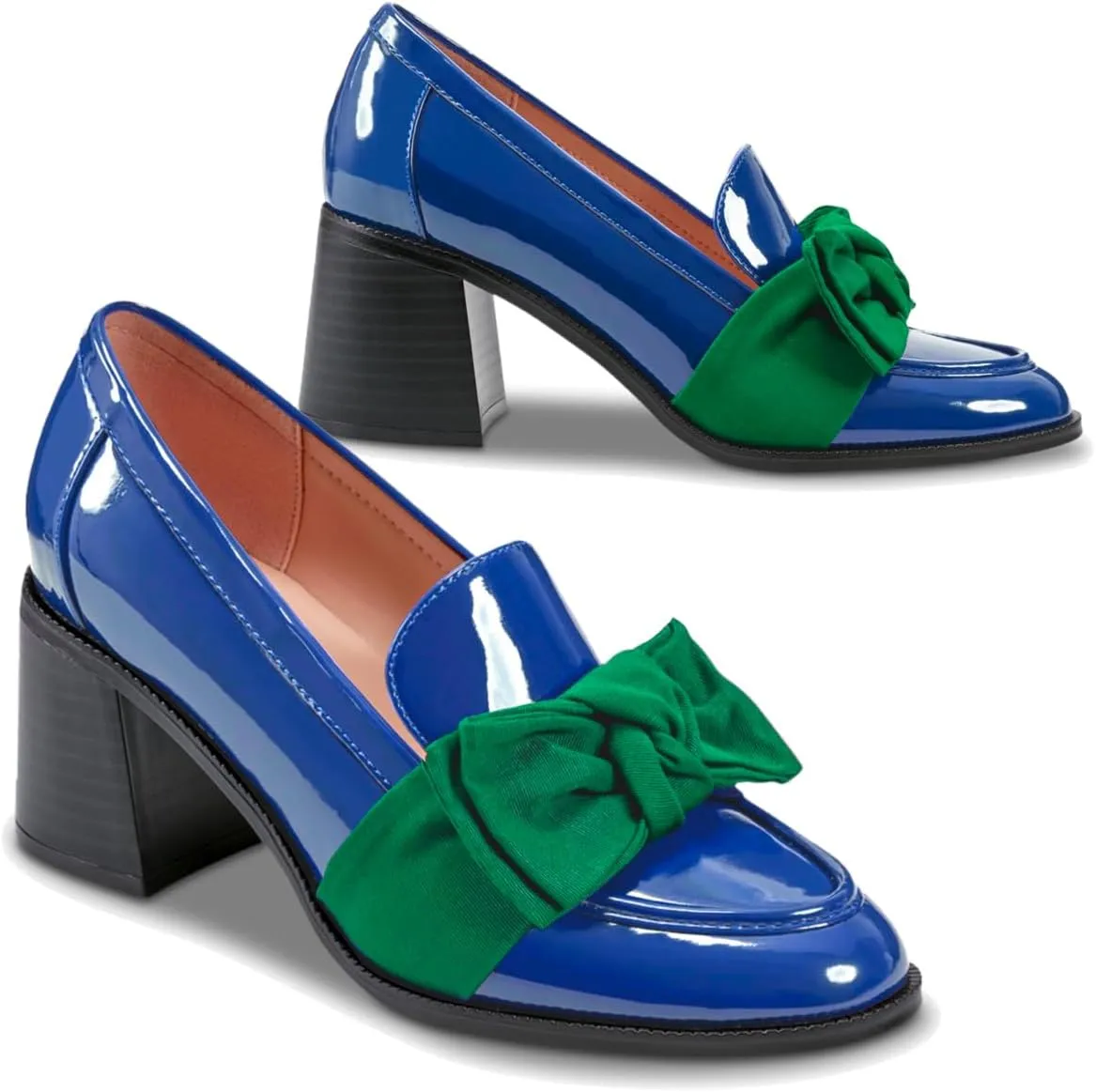 SHODENSE Women Chunky Stacked Heel Bow Pumps Shoes Round Closed Toe Slip On Oxford Loafer Shoes Patent Leather Mid Block Heels Dress Loafer Two-Toned Office Work Penny Loafers Wedding Party 4-11 M US