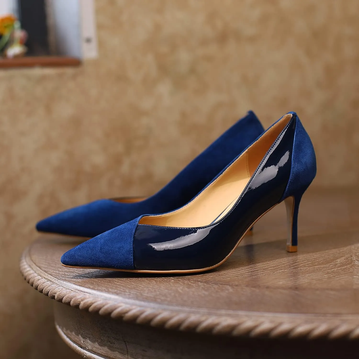 SHODENSE Women Sexy High Heels Stiletto Pumps Pointed Toe Slip On 3" Kitten Heel Dress Shoes Evening Wedding Pump Suede Patent Leather Patchwork Ladies Female Office Party Prom Dance Shoe 4-11 M US
