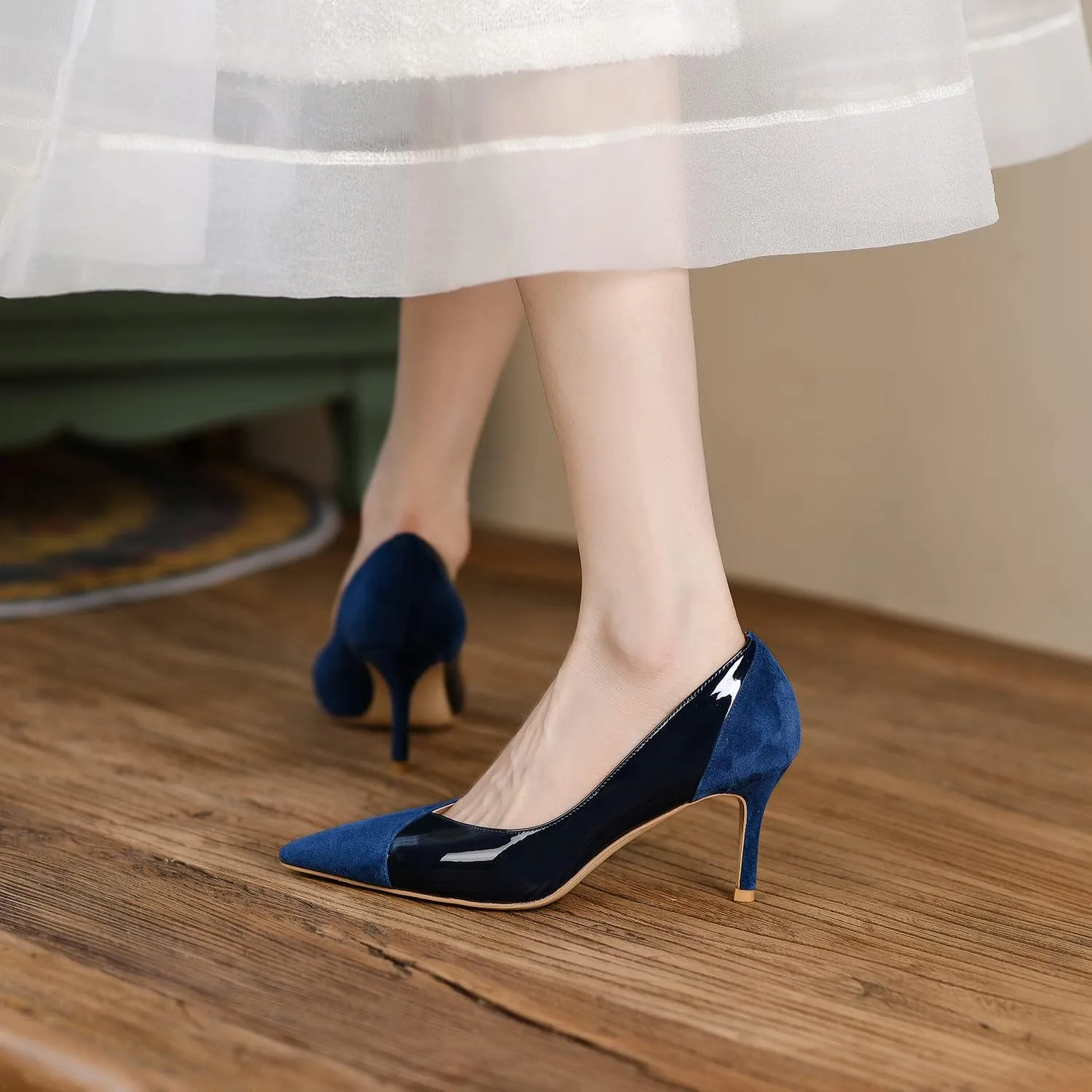 SHODENSE Women Sexy High Heels Stiletto Pumps Pointed Toe Slip On 3" Kitten Heel Dress Shoes Evening Wedding Pump Suede Patent Leather Patchwork Ladies Female Office Party Prom Dance Shoe 4-11 M US
