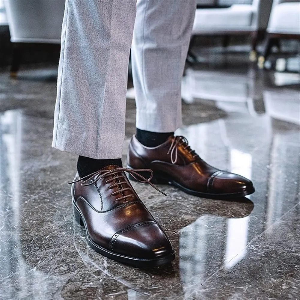 Single Season Dress Formal Shoes for Men Lace Up Cap Toe Square Toe Cowhide Slip Resistant Anti-Slip Low Top Non Slip Wedding Very Popular Among Young People