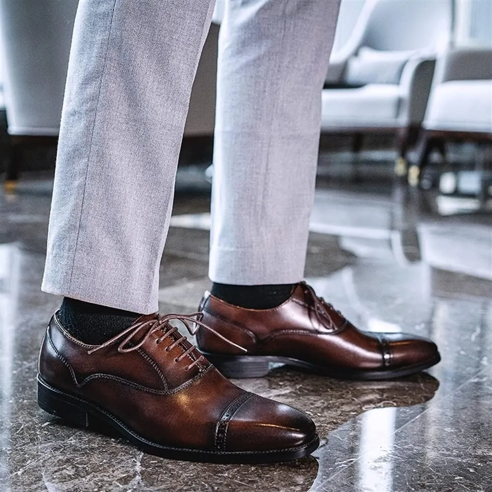 Single Season Dress Formal Shoes for Men Lace Up Cap Toe Square Toe Cowhide Slip Resistant Anti-Slip Low Top Non Slip Wedding Very Popular Among Young People