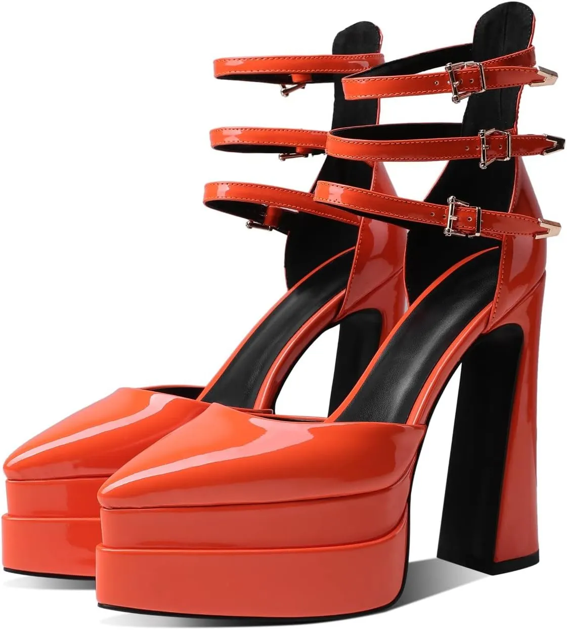 THESHY Womens Platform Chunky Heels Ankle Strap Chunky Block High Heel Pointed Toe Fashion Buckles Dress Pumps
