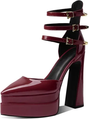 THESHY Womens Platform Chunky Heels Ankle Strap Chunky Block High Heel Pointed Toe Fashion Buckles Dress Pumps