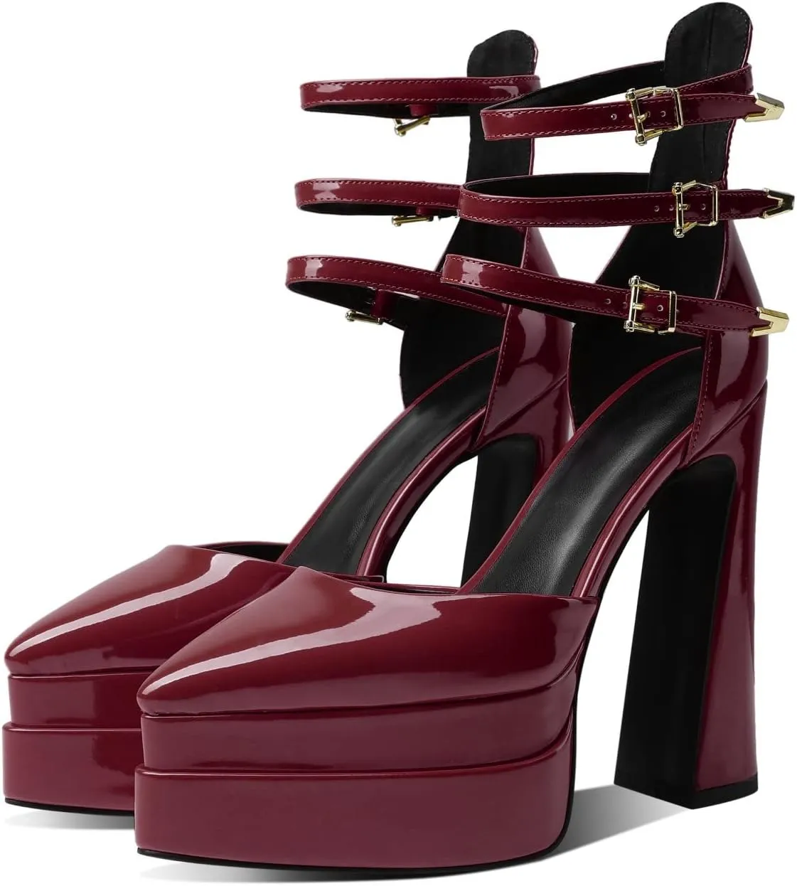 THESHY Womens Platform Chunky Heels Ankle Strap Chunky Block High Heel Pointed Toe Fashion Buckles Dress Pumps