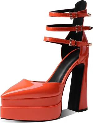 THESHY Womens Platform Chunky Heels Ankle Strap Chunky Block High Heel Pointed Toe Fashion Buckles Dress Pumps