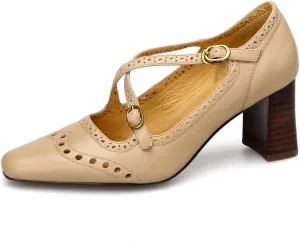 TinaCus Women's Genuine Leather Handmade Cross Straps Square Toe Pumps Brogue Shoes