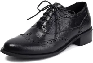 Women Brogue Shoes Glossy Almond Toe Low Block Heels