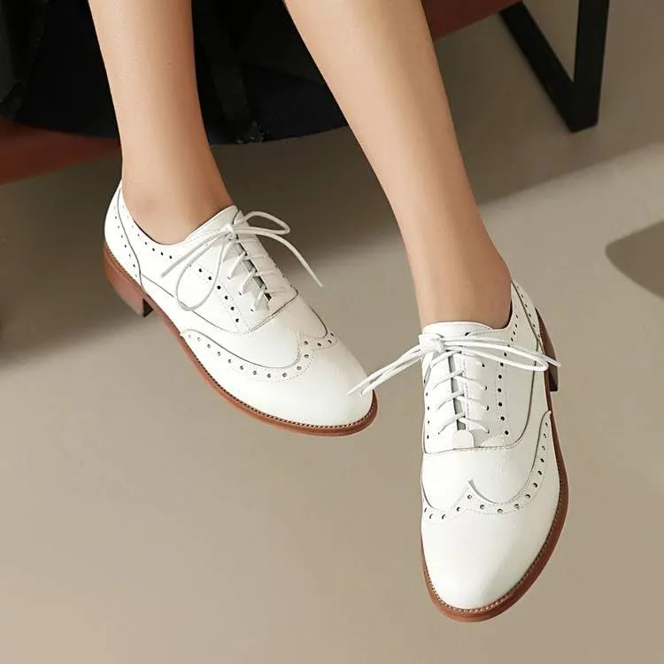 Women Brogue Shoes Glossy Almond Toe Low Block Heels
