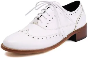 Women Brogue Shoes Glossy Almond Toe Low Block Heels
