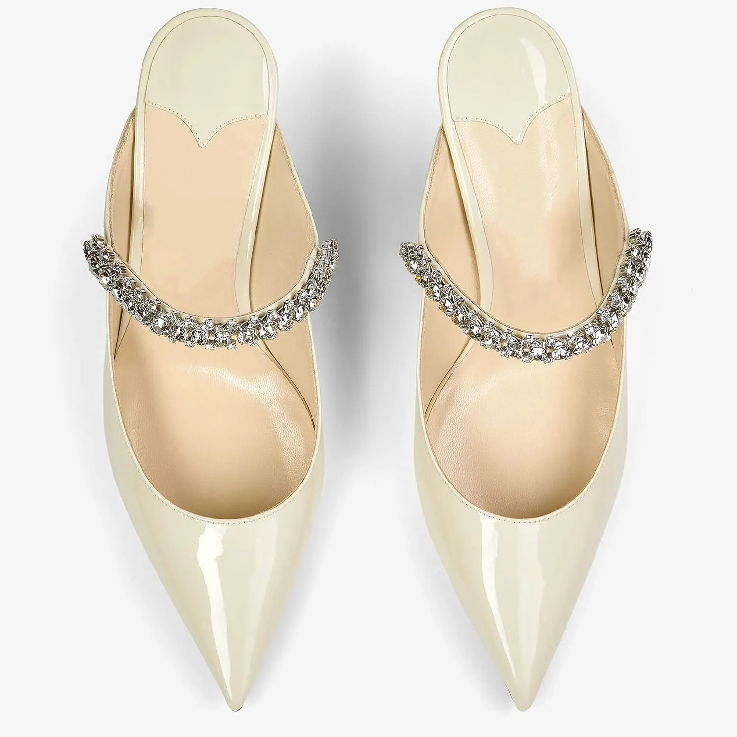 Women High Heeled Mules Crystal Embellished Strap Mules Pointed Toe Stiletto Heels Patent Leather Bridal Wedding Party Dress Shoes 5-13US