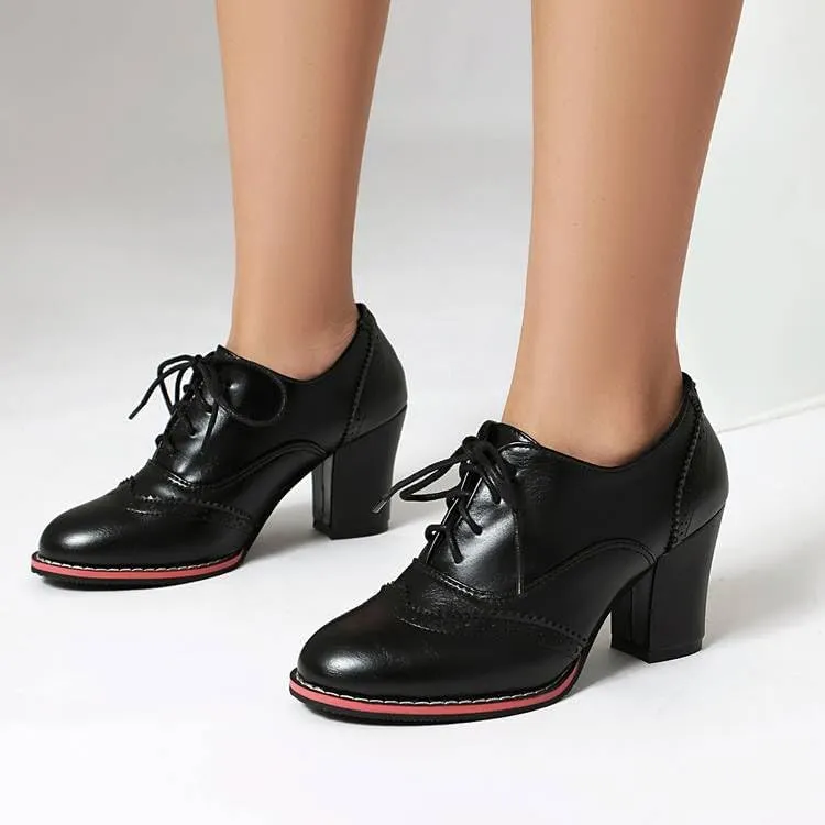 Women Lace Up Brogue Shoes Round Toe High Block Heels