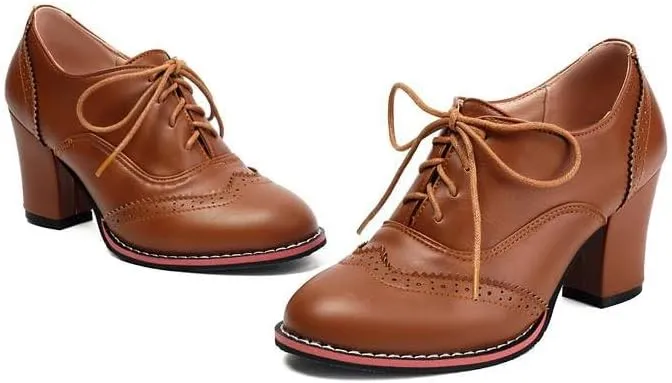 Women Lace Up Brogue Shoes Round Toe High Block Heels