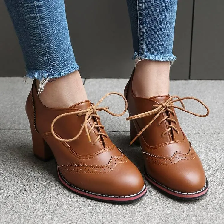 Women Lace Up Brogue Shoes Round Toe High Block Heels