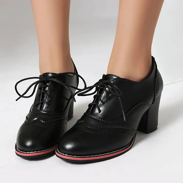 Women Lace Up Brogue Shoes Round Toe High Block Heels