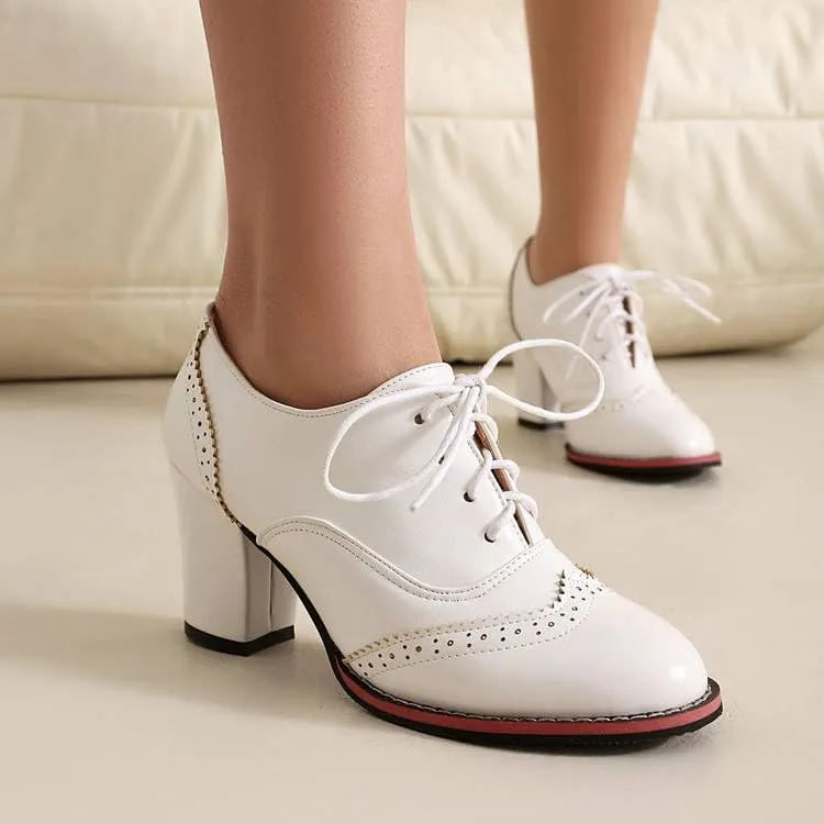 Women Lace Up Brogue Shoes Round Toe High Block Heels