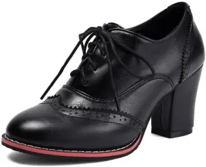 Women Lace Up Brogue Shoes Round Toe High Block Heels